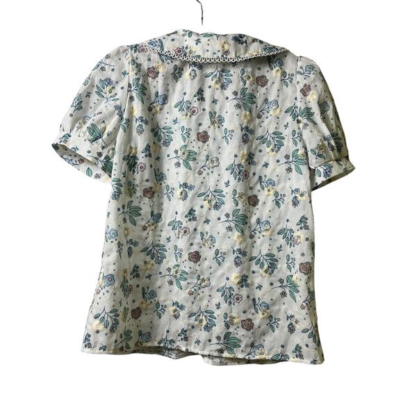 Dazy Puff Sleeve Button‎ Front Top Lace Trim Collar Floral Embroidered M (2824) - Picture 5 of 5